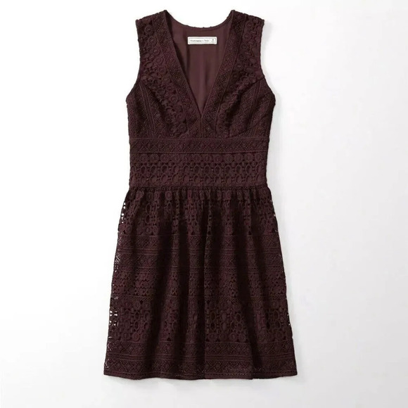 Abercrombie & Fitch Lace Crochet V-Neck Skater Dress Burgundy Mini Dark Romantic - Picture 1 of 14